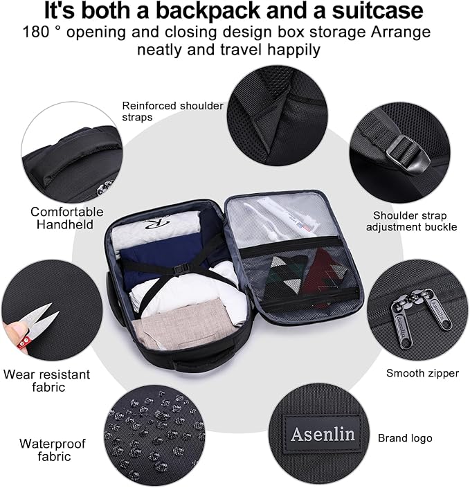 Asenlin Travel Backpack for Women Men,Flight Approved Carry On Luggage 30L Water Resistant Business Mochila Work Laptop Backpacks Fits TSA 15.6 Inch Computer College Weekender Outdoor Hiking-Black