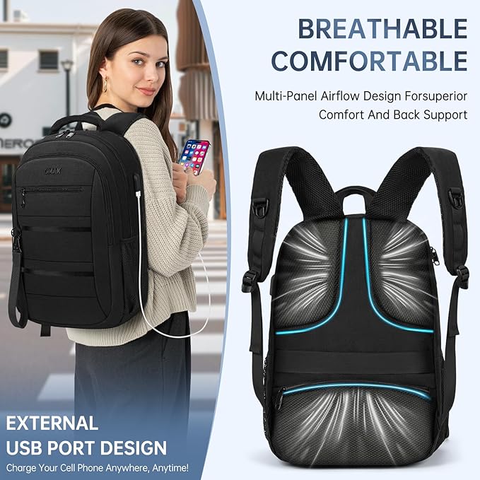 GMAK Travel Laptop Backpack for Men & Women, Business Anti Theft Laptops Backpacks with USB Charging Port, Fits 15.6 Inch Notebook, Water Resistant College School Computer Bag for Travel Sports, Black