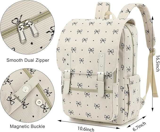 Corduroy Travel Backpack for Women, 15.6 Inch College Laptop Backpack, Fashion School Bookbag Work Backpacks (Corduroy Bow Tie)