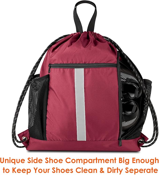 BeeGreen Gym Sack Drawstring Bag Sports String Backpack with Shoe Compartment and Two Water Bottle Holder for Unisex Men Women Heavy Duty Cinch Sackpack