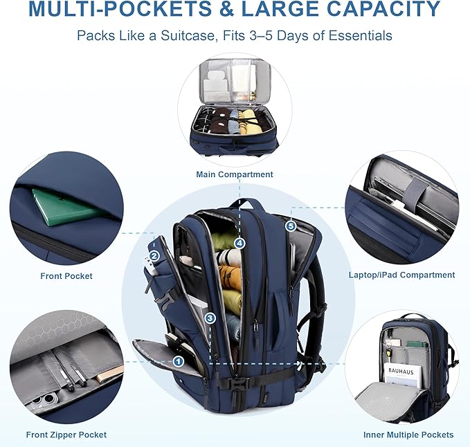 Carry On Travel Backpack, 35L-40L Expandable Extra Large Airline Approved,Lightweight Daypack for Men and Women（Blue）