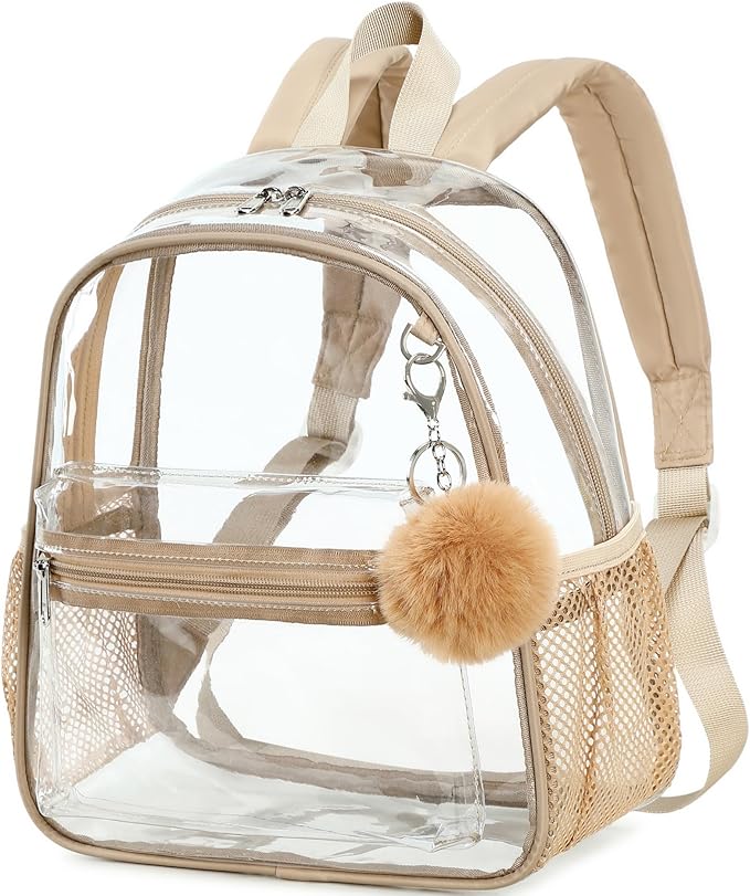 BTOOP Clear Mini Backpack for Stadium Events 12x12x6 Small Transparent Backpacks Plastic See Through Clear Bag for Concerts Work Festival Security Travel Khaki