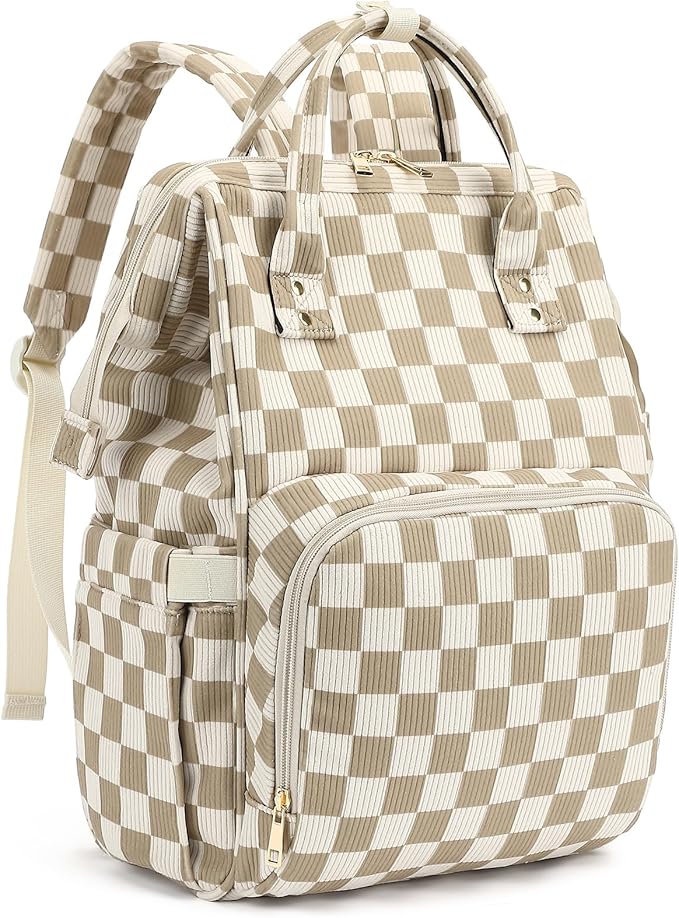 Laptop Backpack for Women, Corduroy College School Backpack Bookbag 15.6 inch Business Computer Travel Backpack (Checkered Brown)
