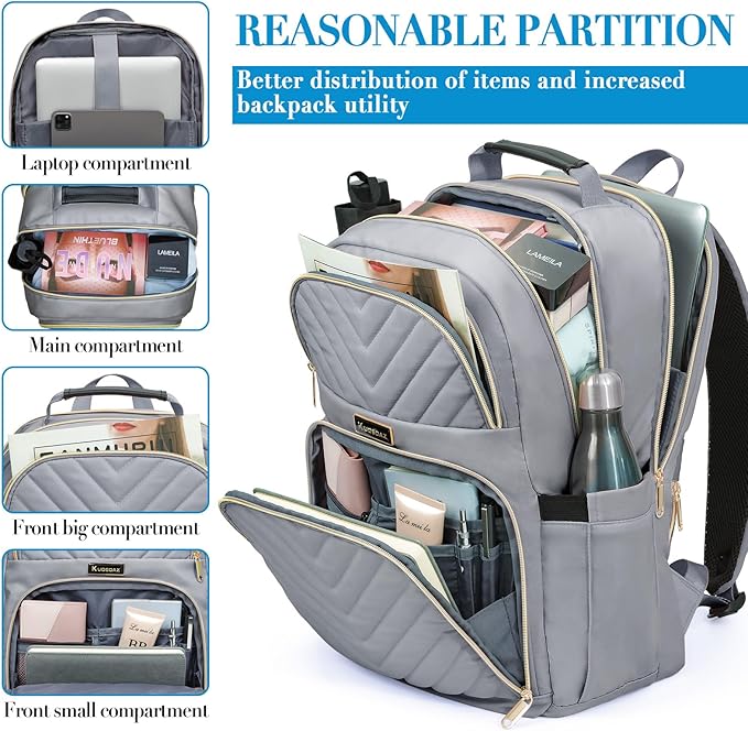 Laptop Backpack, School Backpack for Teen Girls, 15.6 Inch Quilted Work Backpack Purse, Large Anti-theft Bookbag for Students, Casual Daypacks for Women,Grey