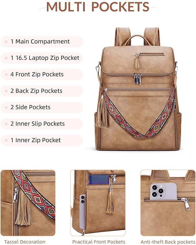 Leather Laptop Backpack for Women Designer Laptop Bag, 16.5 inch Travel Computer Backpacks Purse with Tassel for Work Business with Satchel Purse Camel Brown
