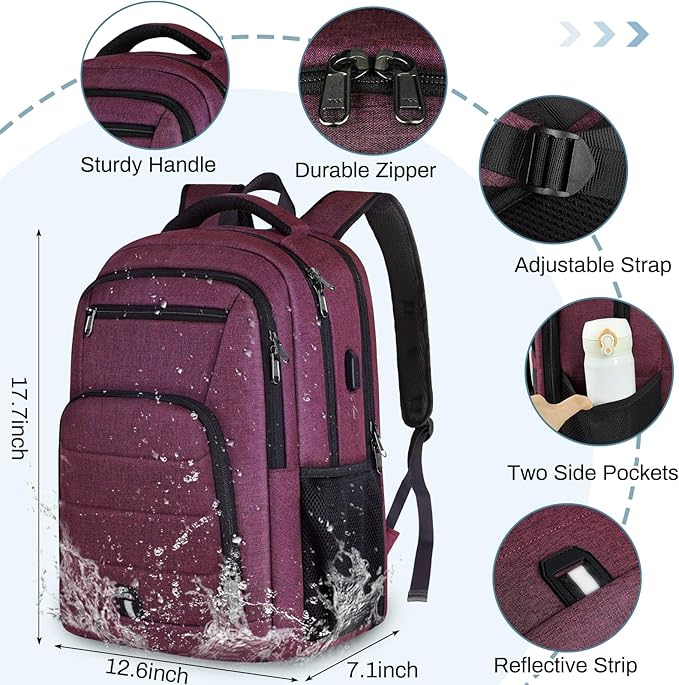 RAINSMORE Laptop Backpack 17 Inch Large Travel Backpack for Women Waterproof Computer Backpack Work Business College Bookbag TSA Friendly with USB Port, Rose Red