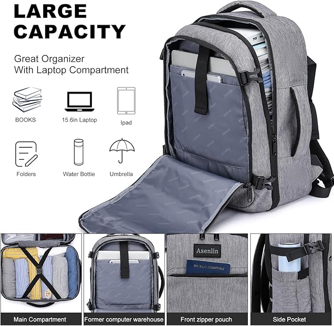 Asenlin Travel Backpack for Women Men,Flight Approved Carry On Luggage 30L Water Resistant Business Mochila Work Laptop Backpacks Fits TSA 15.6 Inch Computer College Weekender Outdoor Hiking-Grey