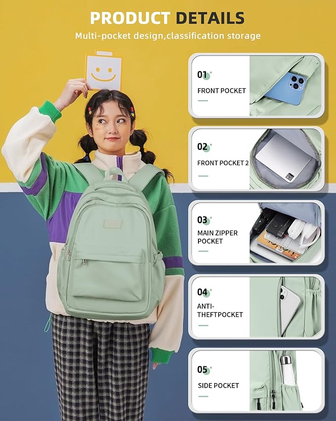 Lightweight Backpack for Women Men Laptop Travel Work Casual Daypack College Bags Cute Aesthetic Travel Backpack Casual Personal item Bag - Green