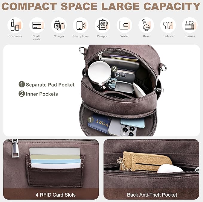 Small Backpack Purse for Women, Mini Backpack Vegan Leather with RFID Blocking & Tablet Pocket, Cute Shoulder Handbag for Travel, School & Work Coffee Brown