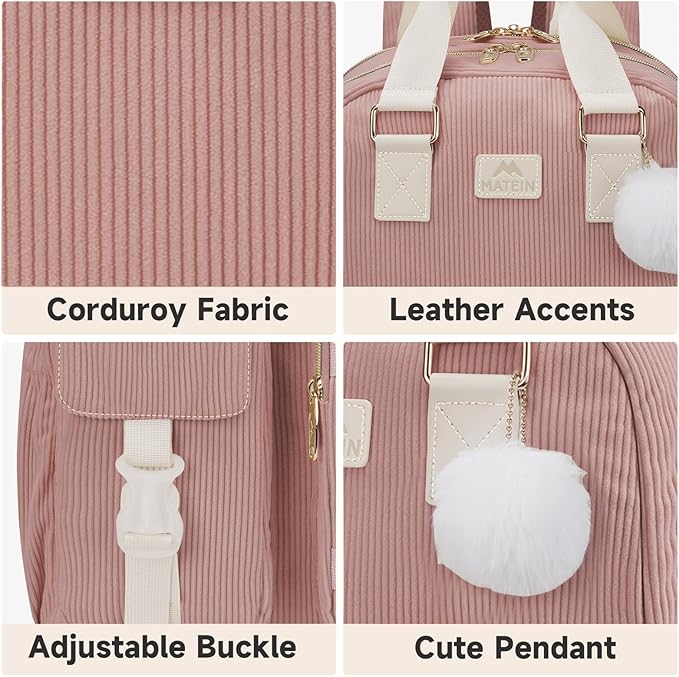 MATEIN Laptop Backpack for Women, Cute Corduroy Computer Backpack Water Bottle Holder, TSA Lightweight Aesthetic Bag Work Business Backpack College Teacher Bags, Pink
