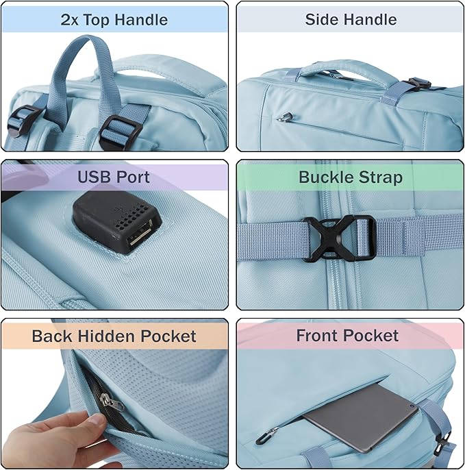 Travel Backpack, Expandable Large Capacity Business Work, Water Repellent Carry On Daypack with USB Charging Port, Fit 17 Inch Laptop, Bag for Men and Women, Sky Blue