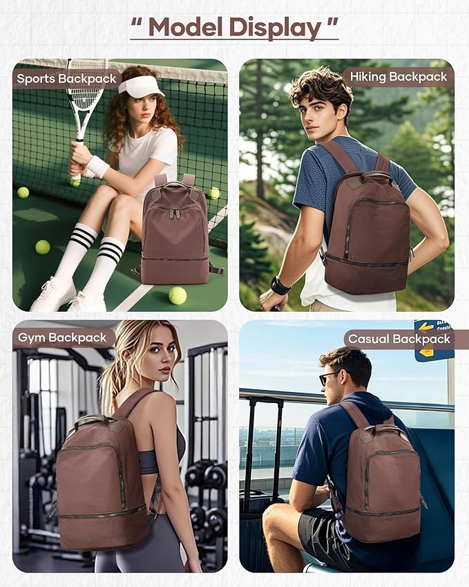 BJLFS Gym Backpack for Women Men with Expandable Shoe Compartment, Mini Foldable Outdoor Weekender Hiking Bag Sports Backpack for Swimming Fitness Yoga Dancing, Blue Brown
