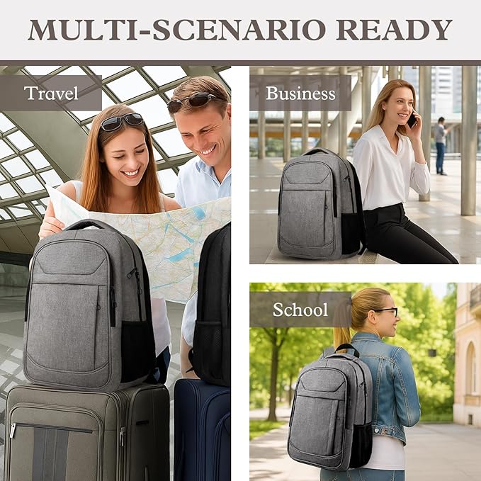 Travel Backpack, Laptop Backpack For Men Women, 17 Inch Water Resistant Slim Casual Daypack College School Travel Computer Nurse Work Bag Gifts for Men & Women, Grey