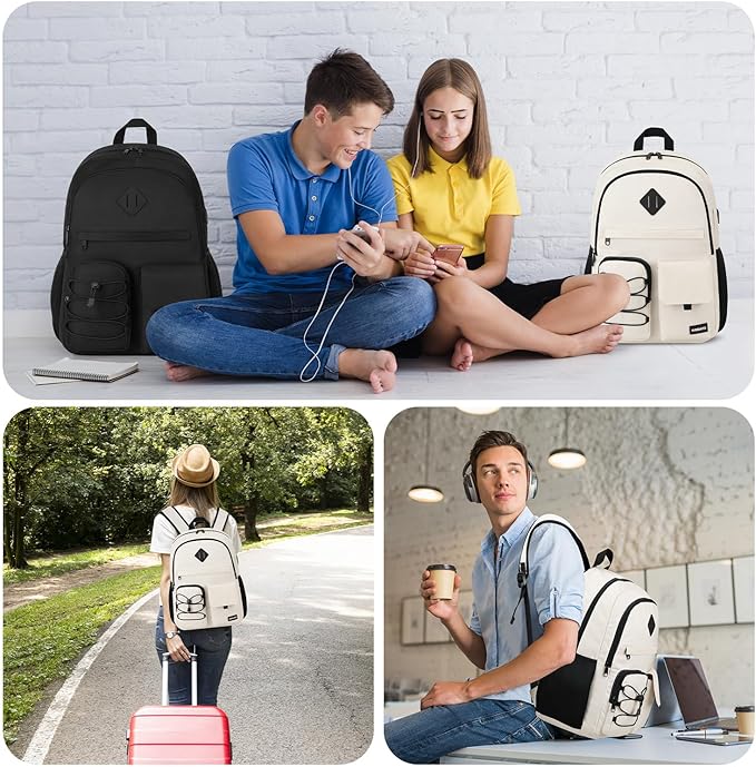 School Backpack for Women, College Bookbag Teen Girls 15.6 Inch Laptop Bacpack Cute School Bag with USB Port for Students (Beige)