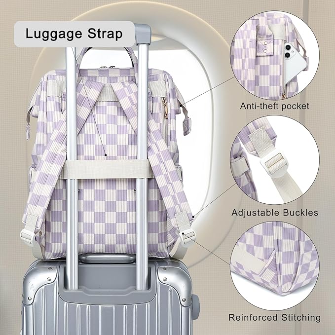 Laptop Backpack for Women, Corduroy College School Backpack Bookbag 15.6 inch Business Computer Travel Backpack (Checkered Purple)