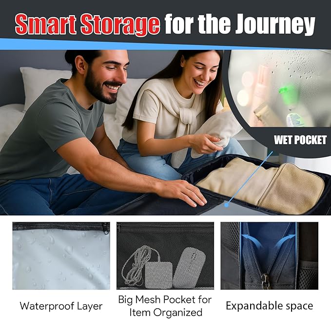 Extra Large Travel Backpack with LifetimeWarranty, Expandable Carry On Backpack with Waterproof Wet Pocket for Men Women, Anti-Theft TSA Flight Approved 18 Inch Laptop Duffel Bag for Travel, Black