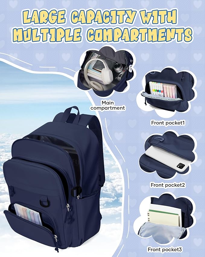 Lightweight Backpack for College & High School Backpack With Lots of Pockets Cute School Bag for Girls Boys, Large Capacity Bookbag for Women Men, Waterproof Teens Casual Daypack Backpack(Dark Blue)