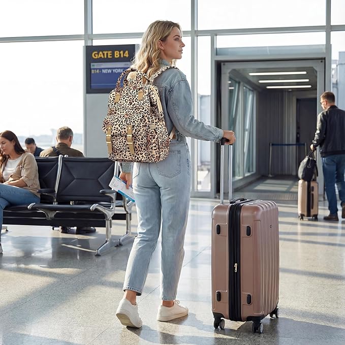 Corduroy Laptop Backpack for Women 15.6 Inch Stylish College School Bookbag, Business Work & Travel Computer Backpacks (Leopard Brown)
