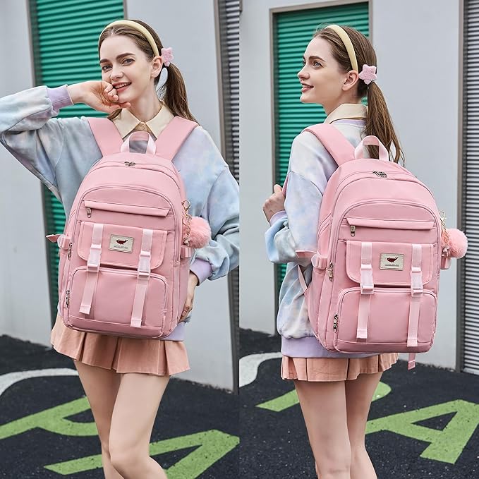 LXYGD 3 PCS Backpack for Teen Girls,Laptop Backpacks 15.6 Inch School Bag with Lunch Box Pencil Pouch Set for Students Aesthetic College Bookbag Travel Daypack(Pink)