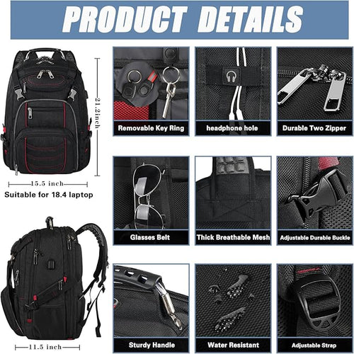 18.4 Laptop Backpack for Men, Extra Large Gaming Laptops Backpack with USB Charger Port, TSA Friendly Big Capacity Heavy Duty Travel Computer Bag RFID Anti-theft Pocket Backbag,21.2*15.5*11.5inch Red