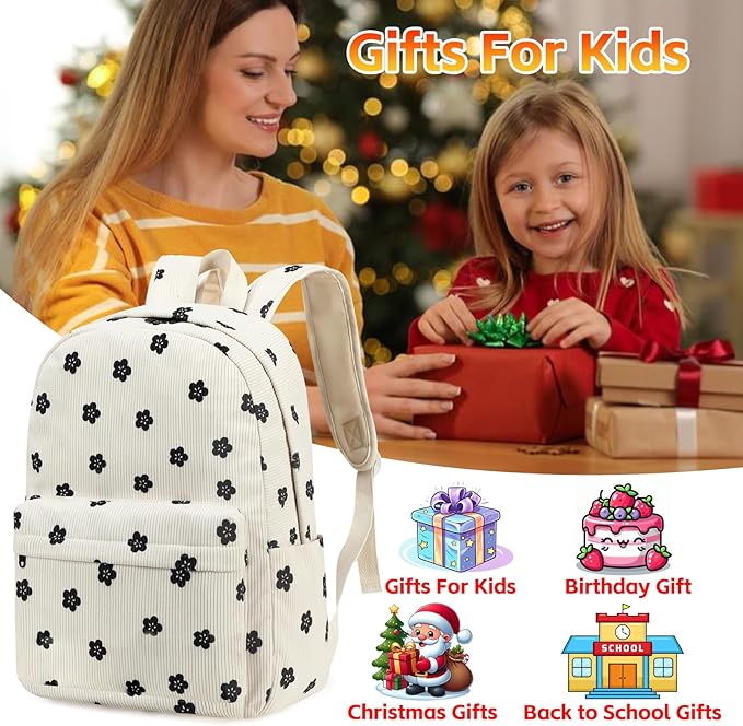 School Backpack for Girls Laptop Backpack for Teen Women Preschool Kindergarten Elementary Kids Bookbags Travel Daypack with Lunch Bag and Pencil Case (Corduroy Floral)