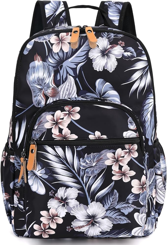 Leaper Water-resistant Floral Laptop Backpack Travel Bag Satchel (Leaves-Black)