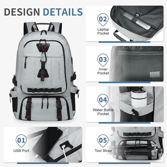 Travel Backpack for Men, 45L Expandable TSA Approved Laptop Backpack Fits 18.4 Inch, Water-Repellent W/Shoe Compartment & Wet Pocket Anti-theft Pocket, Light Grey
