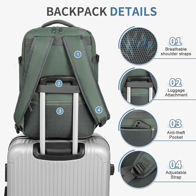 Travel Backpack for Men Women, 35L Laptop Backpack W/Shoe Compartment, Water Resistant Flight Approved Fits 15.6-inch Laptop, Grey-green
