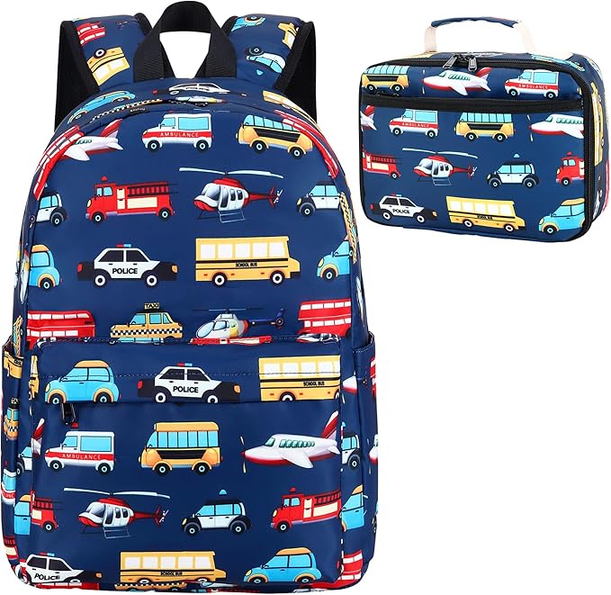 LEDAOU Kids School Backpack with Lunch Box for Boy Girl Toddler BookBag School Bag Preschool Kindergarten Backpack (Navy Blue-Airplane Pattern)