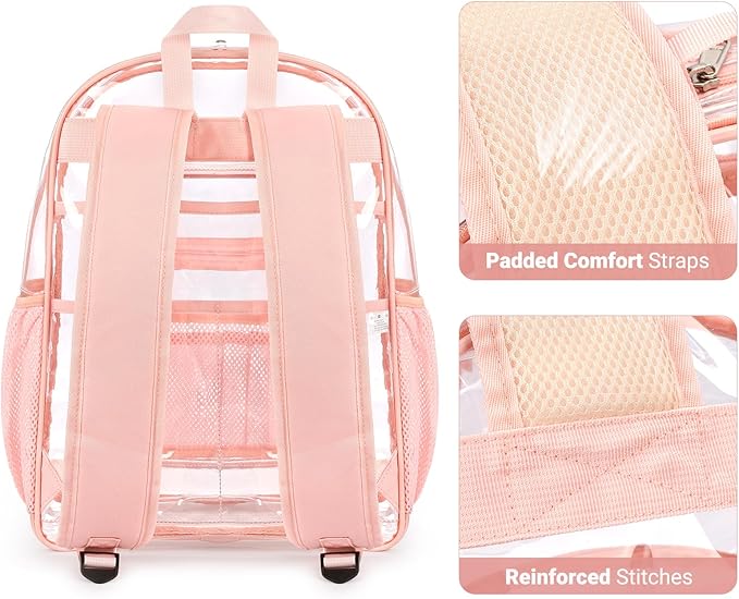 ZORFIN Clear Backpack Heavy Duty for School – 17in Transparent PVC Bag with Large Capacity & Reinforced Straps for Girls, Women - See Through Bookbag for College Workplace Security, Pink