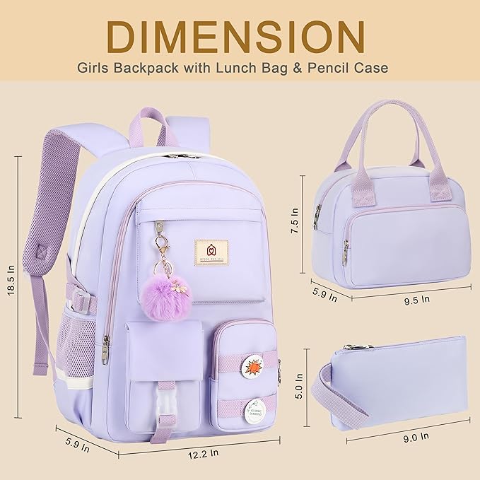 Hidds School Backpack for Teen Girls Women College Laptop Backpacks Girl Cute Bookbag Set with Lunch Box Pencil Case Kids Elementary Middle High Bag 3 Pcs Students Bookbags Set Travel Daypack-Purple