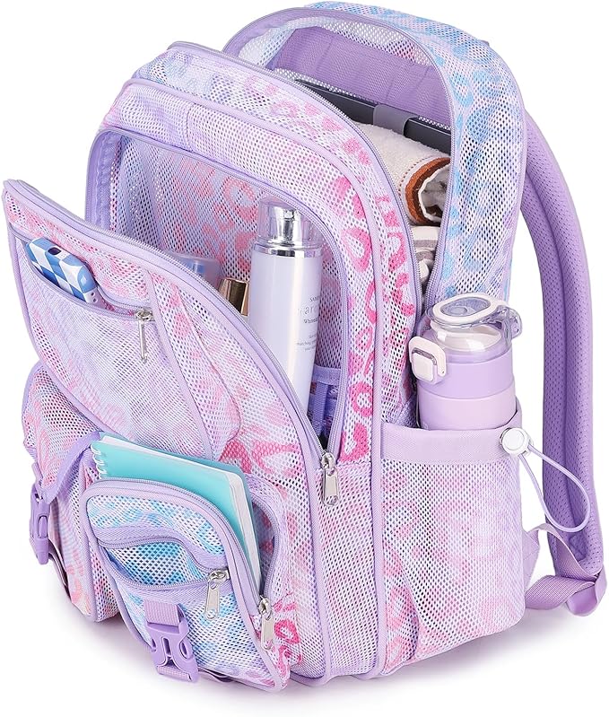 MOONBABY Mesh Backpack Heavy Duty See Through Net Bookbag Semi-Transparent Net Back Pack for Beach, Swimming, Sports, Work, Travel (Purple Leopard)