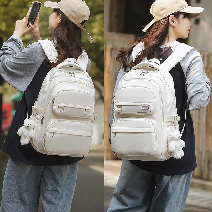 School Backpack for Kids Girls Cute Travel Backapck for College Women Men Casual Laptop Bookbag for Teen Student(Beige)