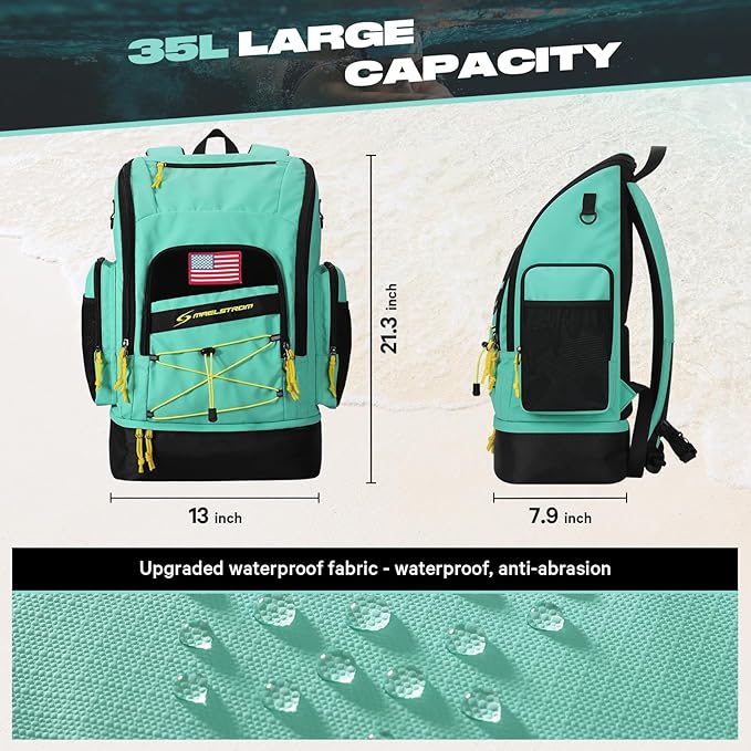 Maelstrom Swim Backpack 35L - Waterproof with Separate Shoe & Wet Compartment for Gym and Sports