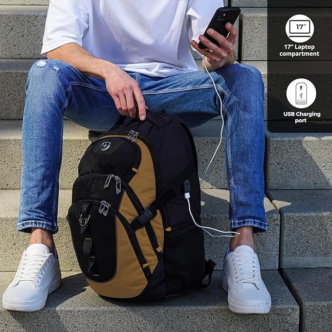 Swissdigital Design Laptop Backpack, Travel Backpack with USB Charging Port Fits 15.6 inches Computer, 31L College School Bookbag for Men,Tan/Black | SD803-34