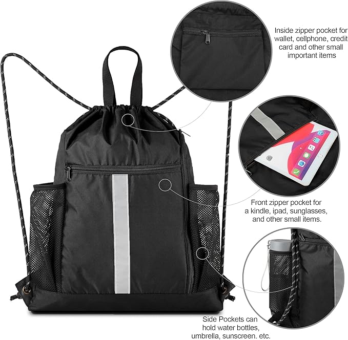 BeeGreen Drawstring Backpack Bag Sports Gym Backpack with Shoe Compartment and Two Water Bottle Holder for Men Women Large String Backpack Athletic Sackpack Workbag Black