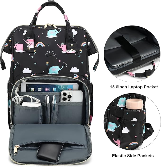 Elephant Laptop Backpack for Women Men, 15.6 inch College School Backpack Bookbag for Work/School/Travel/Business (Black)