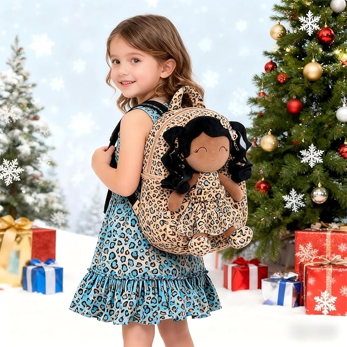 Gloveleya Toddler Backpack Baby Girl Gifts Curly Hair Plush Figures Dress Backpack Kids Backpack Curly Hair Spring Girl - Black Leopard 9inches