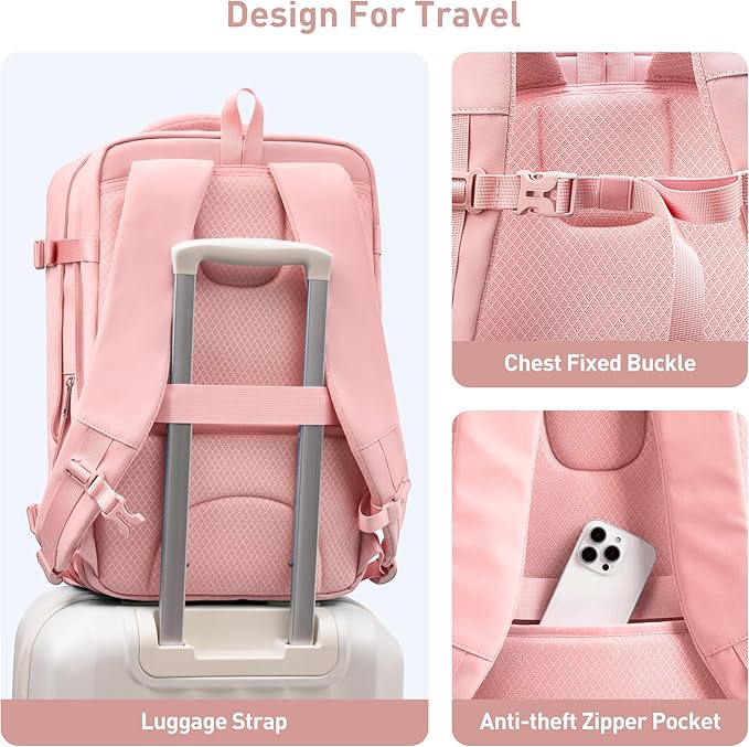 SHOWKOO Laptop Backpack for 17 Inch Laptop, 40L Expandable Large Capacity Backpack, TSA Carry On Travel Backpack with Padded Laptop Compartment, Water-Resistant College & Commuter Bag, Pink
