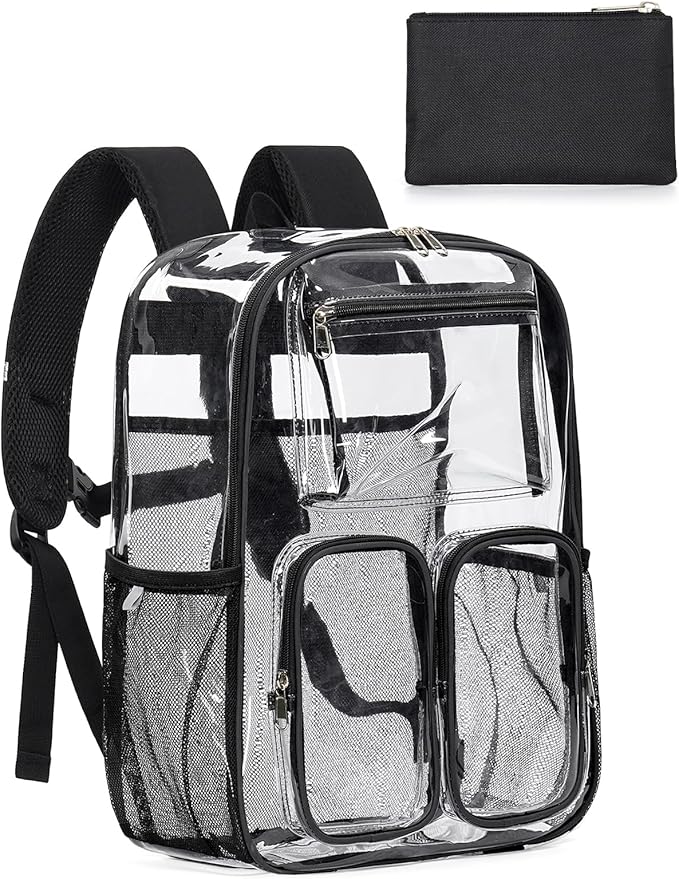 Large Clear Backpack Heavy Duty for Women Men Boys Girls, Clear Bookbag for School, 17 Inch Transparent Backpack with Accessories for Work Casual Sport, Black