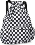 Drawstring Backpack for Women Drawstring Gym Bag Water Resistant Small Cinch Sack Pull String Backpack Bag (Checkered-Black)