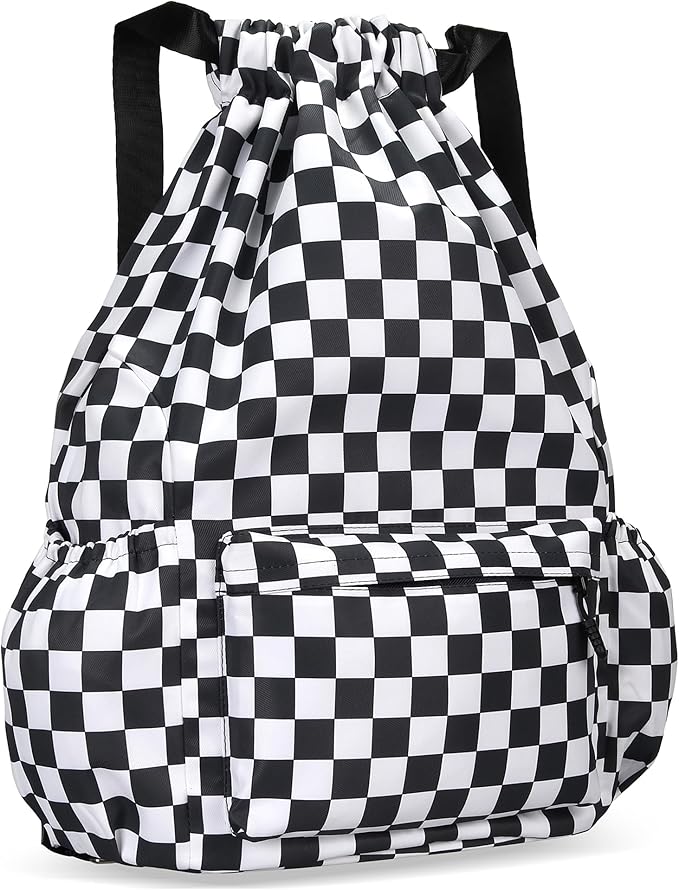 Drawstring Backpack for Women Drawstring Gym Bag Water Resistant Small Cinch Sack Pull String Backpack Bag (Checkered-Black)
