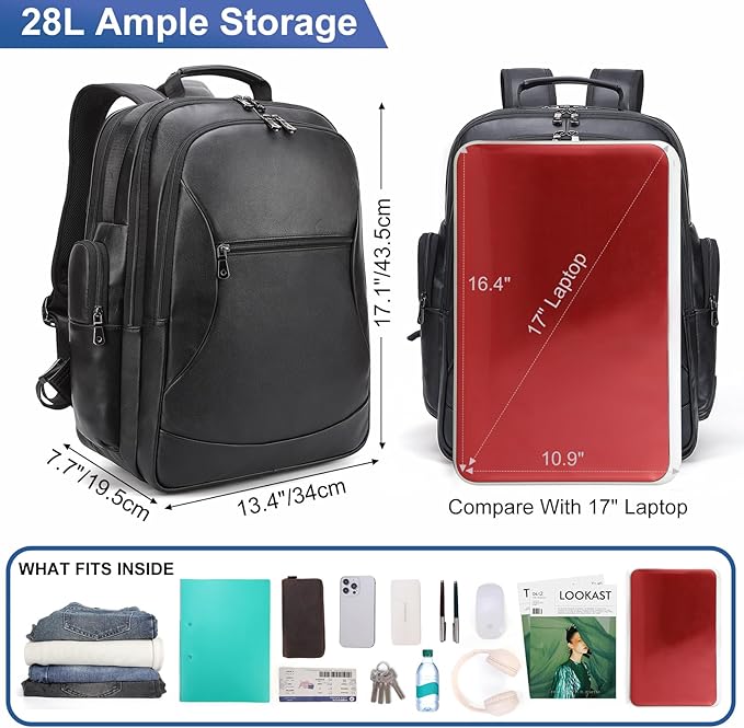 TIDING Genuine Leather Backpack for Men Large Capacity 17.3 Inch Laptop Bag Black Waterproof Business Work Travel Daypack