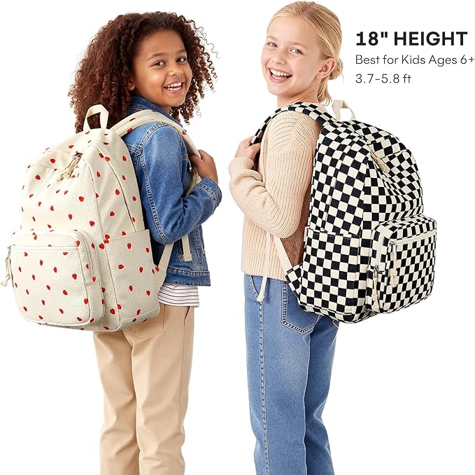 mibasies School Backpack for Girls with Laptop Sleeve: 18IN Large Capacity Corduroy Bookbag for Primary Middle School/College, Travel Daypack for Teens Women - Black Checkered