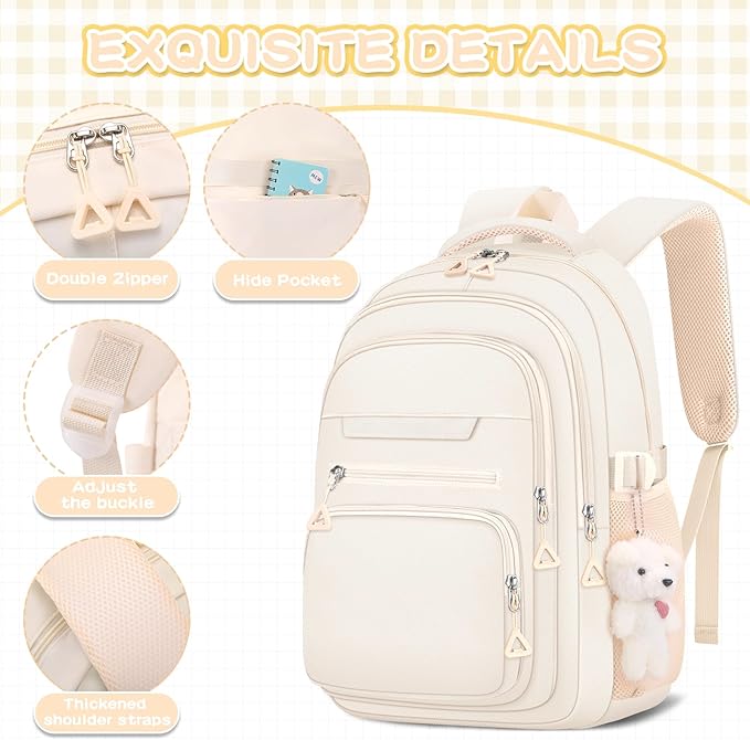 Cute Girls Backpack for School Kids Travel College backpack for Women Teen Beige Bookbags Aesthetic Laptop Bagpack