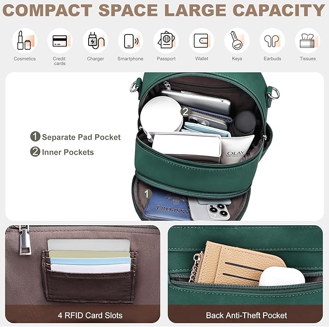 Small Backpack Purse for Women, Mini Backpack Vegan Leather with RFID Blocking & Tablet Pocket, Cute Shoulder Handbag for Travel, School & Work Green