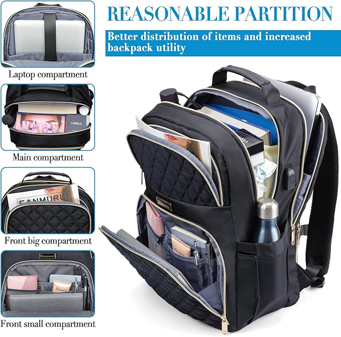 Backpack for Women, Large School Backpack, Girls Bookbag with USB Charging Port, 17.3 Inch Work Travel Laptop Back Pack Purse Casual Daypacks, Black