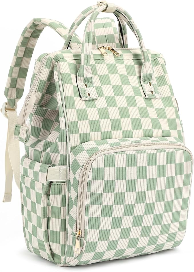 Laptop Backpack for Women, Corduroy College School Backpack Bookbag 15.6 inch Business Computer Travel Backpack (Checkered Green)