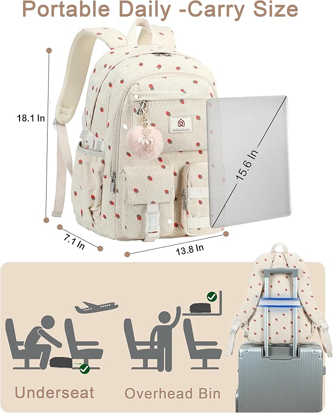 Hidds School Backpack for Teens Girls Women 15.6 Inch Laptop College Backpacks Corduroy Work Bag Kids Elementary Middle High Campus Bookbag Students Pack Travel Daypack Womens - Beige Strawberries