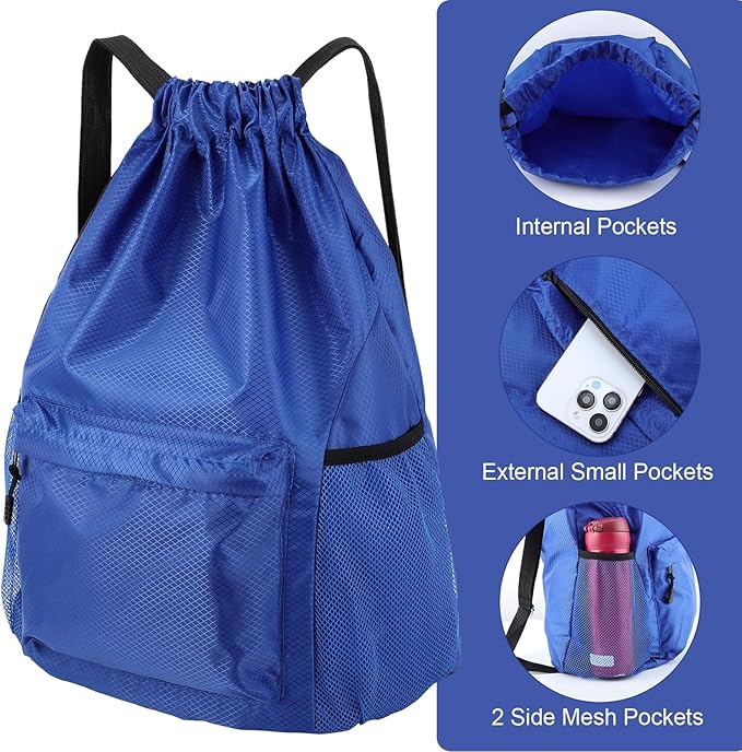 Drawstring Backpack, Gym Bag with Water Bottle Pocket, Waterproof String Backpack for Soccer, Basketball, Swim for Women Men (Blue